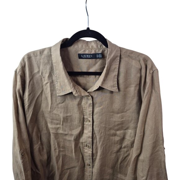 Lauren Ralph Lauren Top Womens 3X Beige 100% Linen Button Up Shirt Long Sleeve - Picture 3 of 8